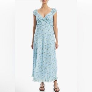 Max Studio Light Blue Floral Cap Sleeve‎ Empire Waist Maxi Dress